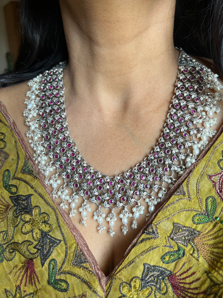 Vintage Jaipur Sterling Silver & Pink Stone Necklace Set | Pure 925 Silver