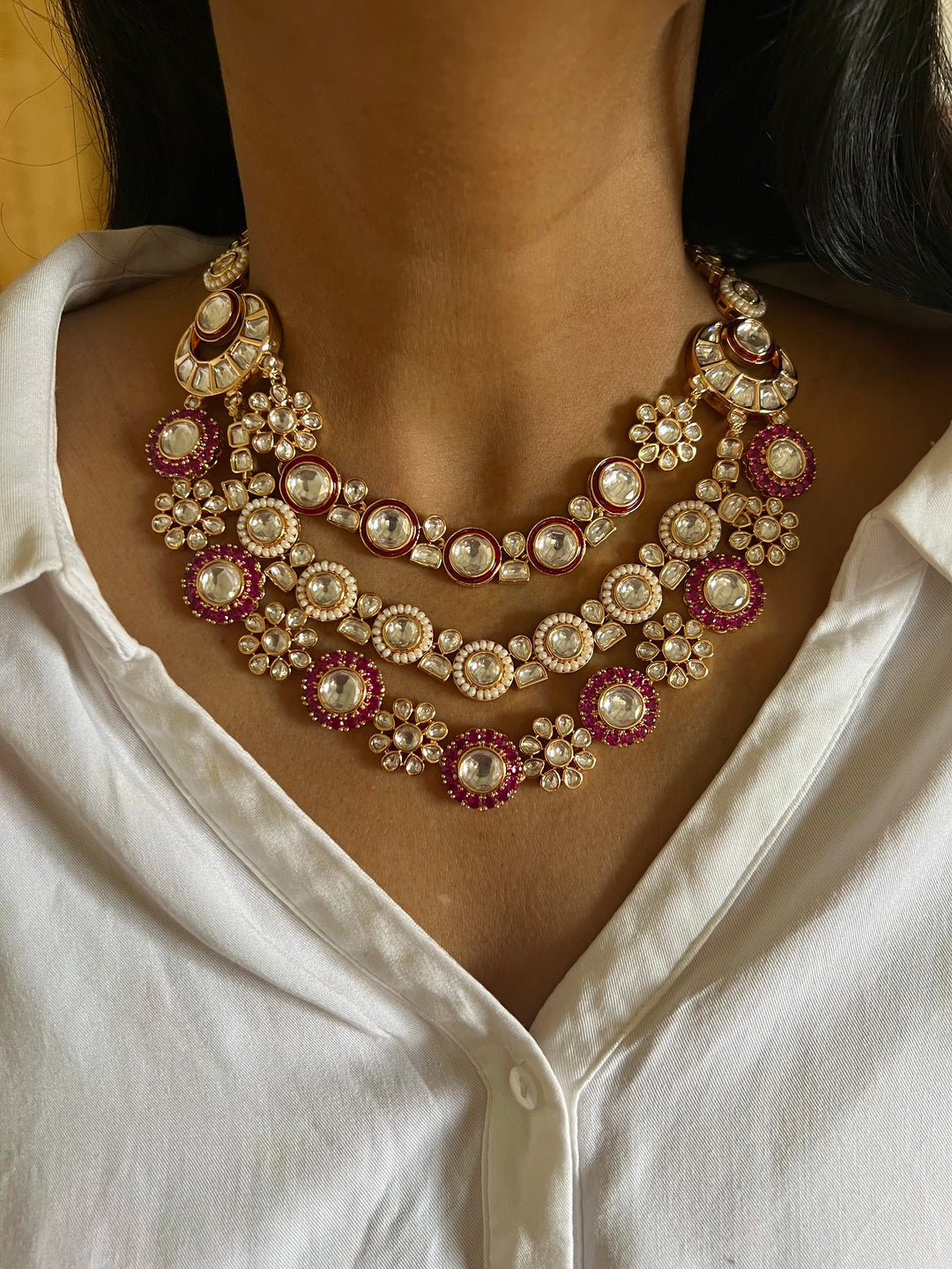 Scintillating Three Layered Kundan Necklace with Earrings