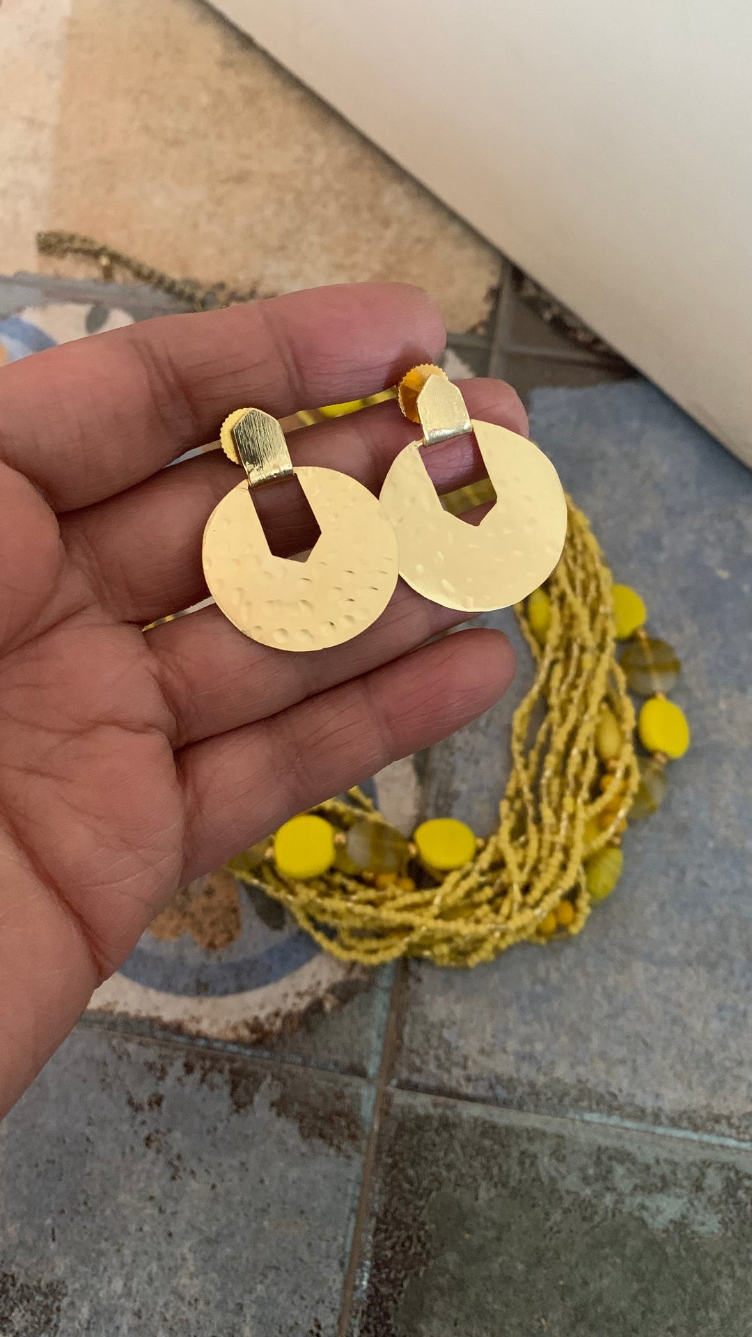 Beautiful Yellow Beaded Necklace with Hammered Disc Studs