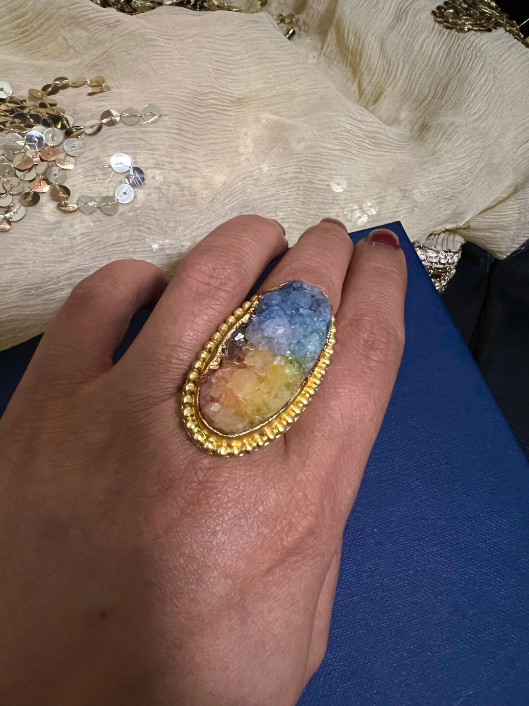 Natural Rainbow Druzy Stone Adjustable Gold-Plated Ring | Statement Ring by SHIVKA