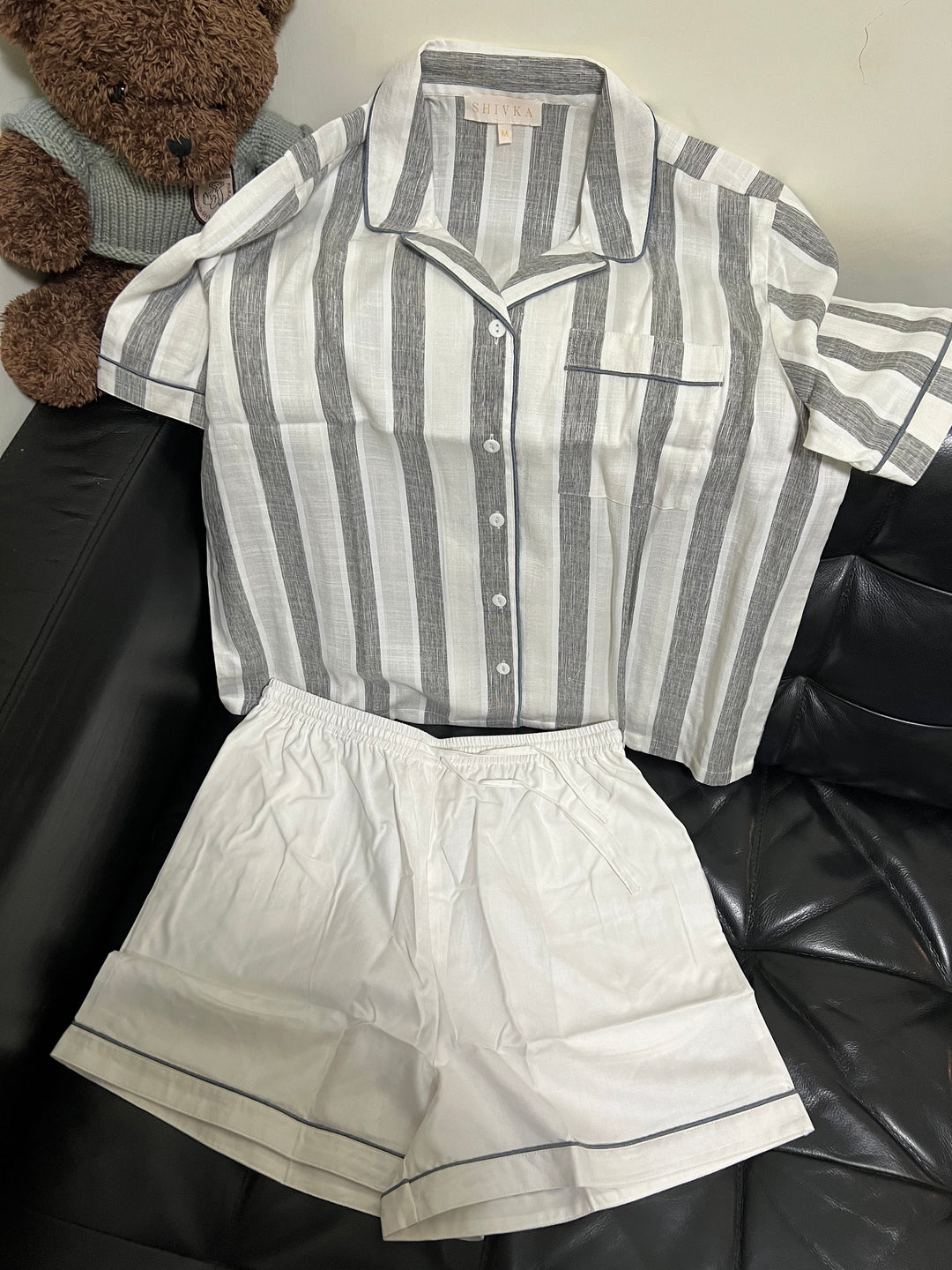 Grey and White Cotton Night Suit - Set of Two