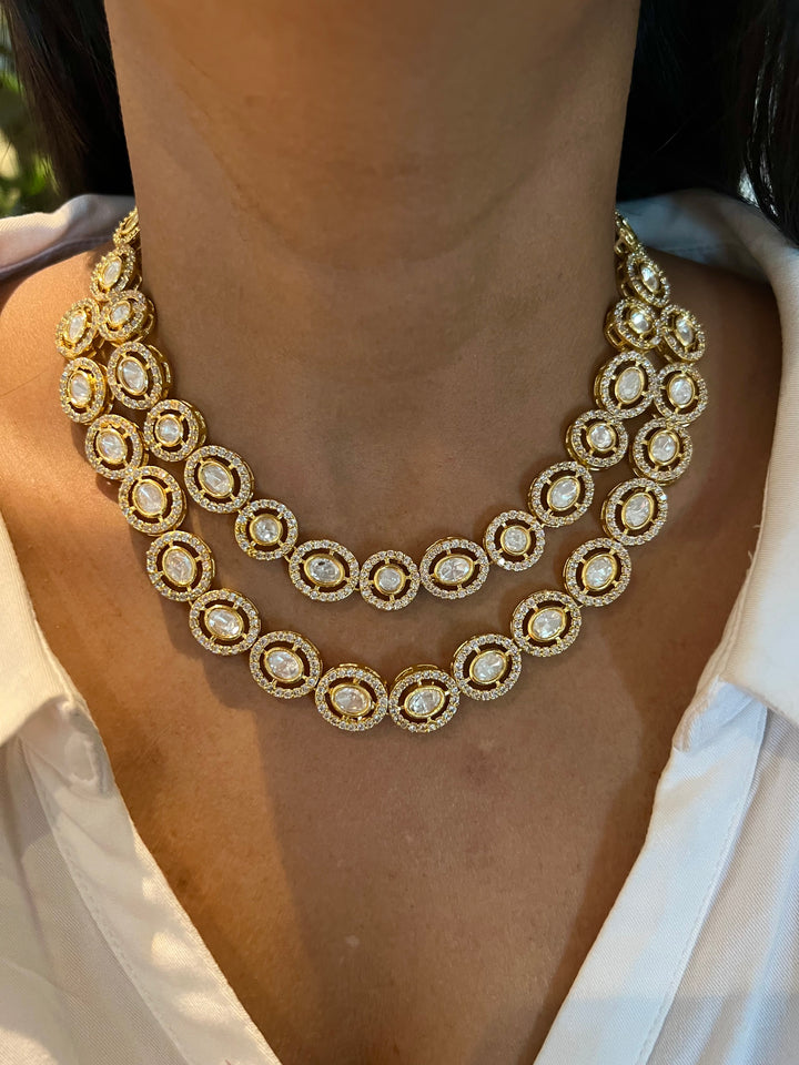 Statement CZ Polki Kundan Necklace with Earrings
