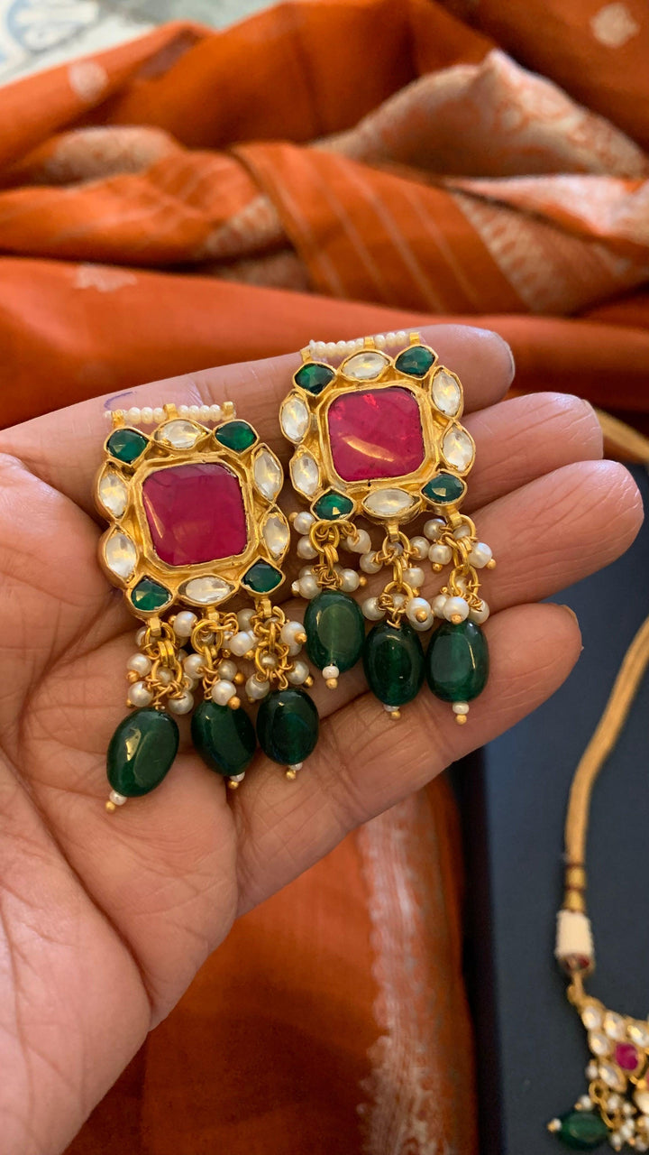 Pachi Kundan Wedding Collar Necklace with Earrings - SHIVKA