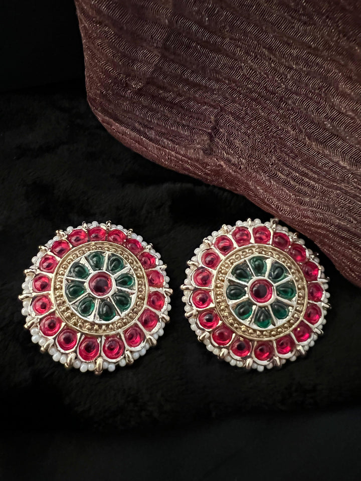Oversize Red and Green Enamelled Studs - SHIVKA