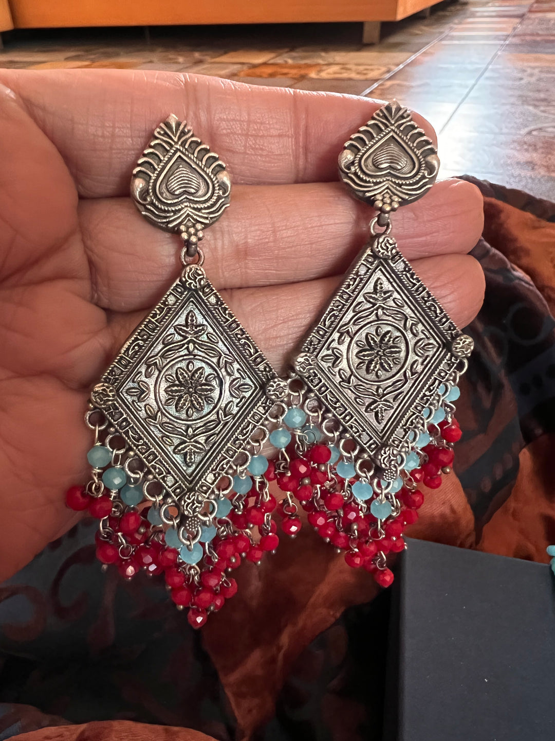 Beautiful Blue and Red Pendant Necklace with Statement Earrings