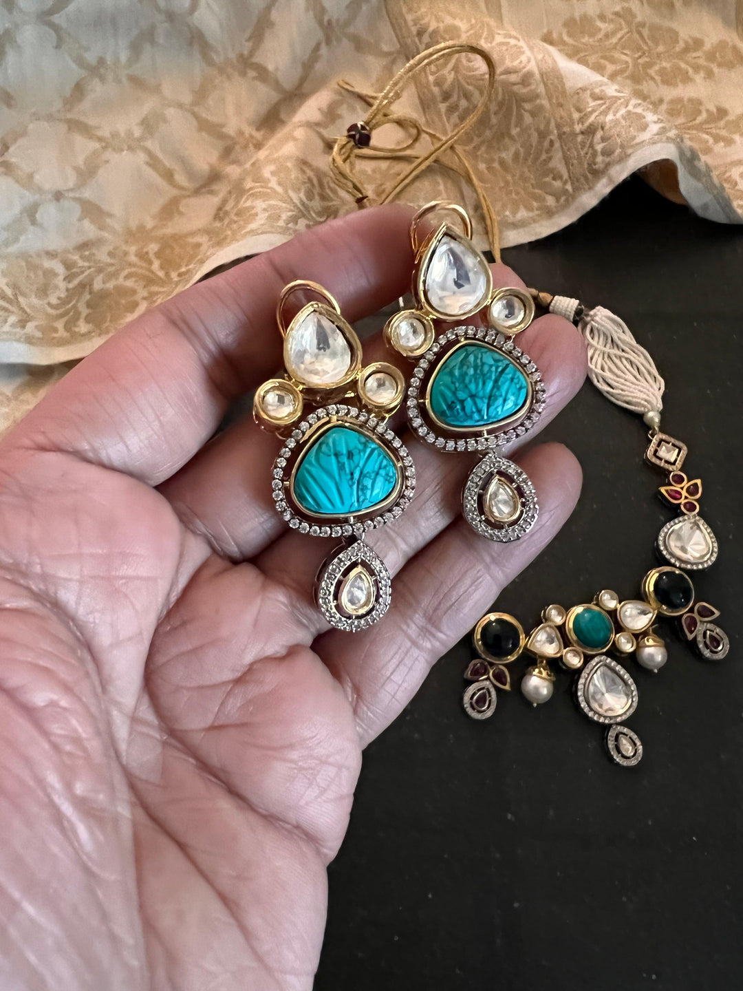 Scintillating Multicolored  Kundan Necklace with Statement Jhumka Earrings - SHIVKA
