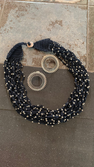 Navy Blue and Silver Beads Necklace with Round Studs - SHIVKA