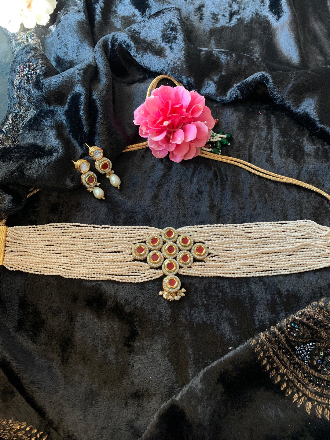 Miniature Pearl Kundan Choker with Earrings - SHIVKA