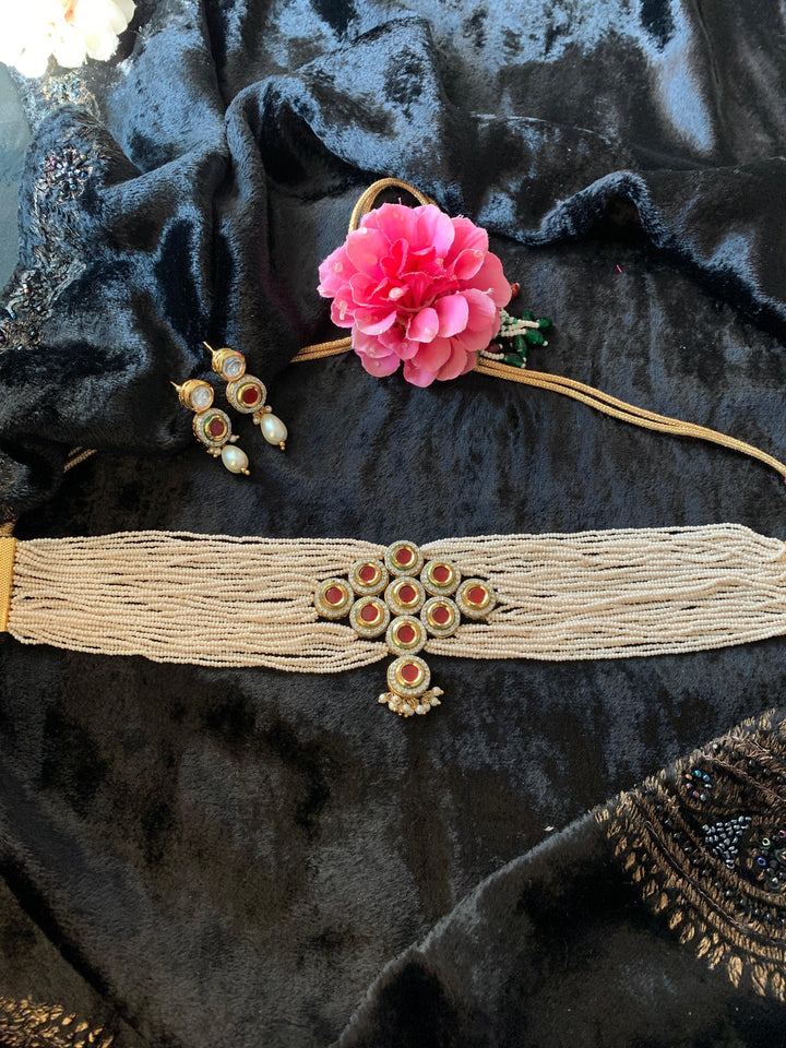 Miniature Pearl Kundan Choker with Earrings - SHIVKA