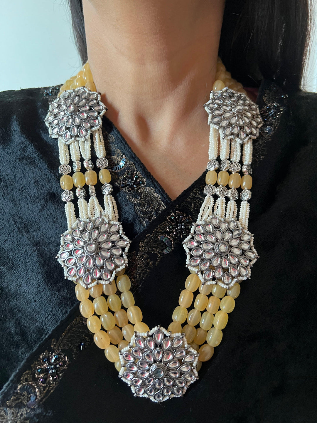 Multilayered Antique Kundan Necklace with Earrings - SHIVKA