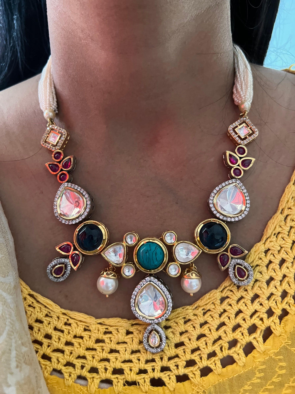 Scintillating Multicolored  Kundan Necklace with Statement Jhumka Earrings - SHIVKA