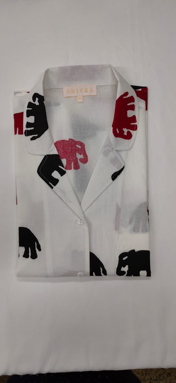 Elephant Design White Cotton Night Suit