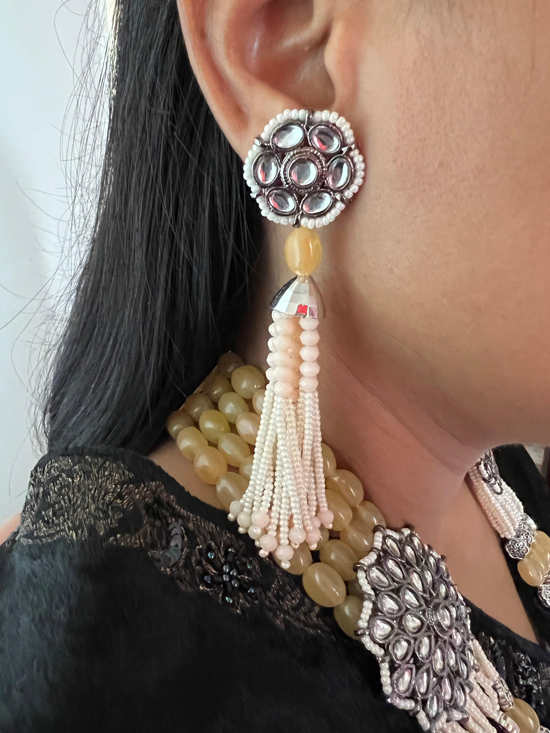 Multilayered Antique Kundan Necklace with Earrings - SHIVKA