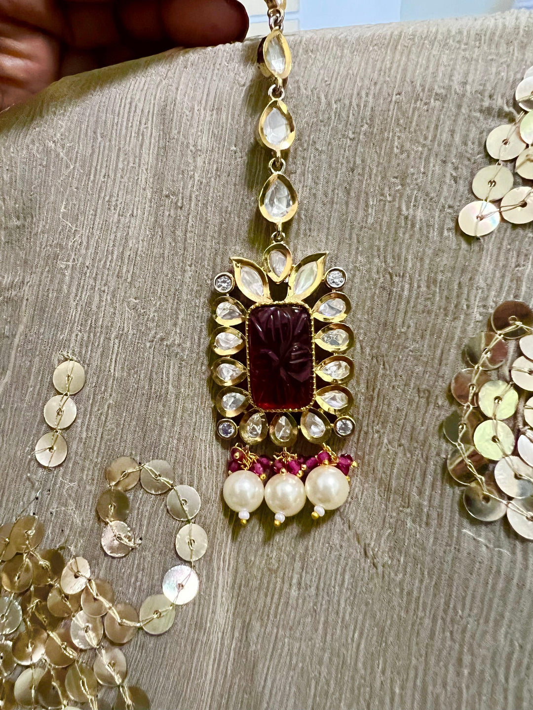 Gorgeous Carved Stone Kundan Choker with Earrings and Maangtikka - SHIVKA