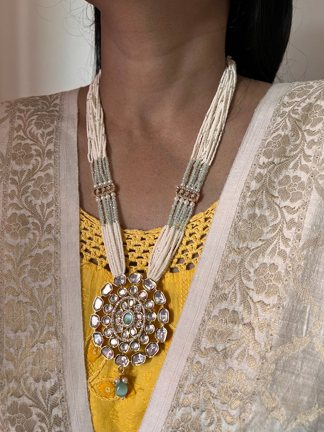 Beautiful Sea Green Kundan Pendant Necklace with Stud Earrings