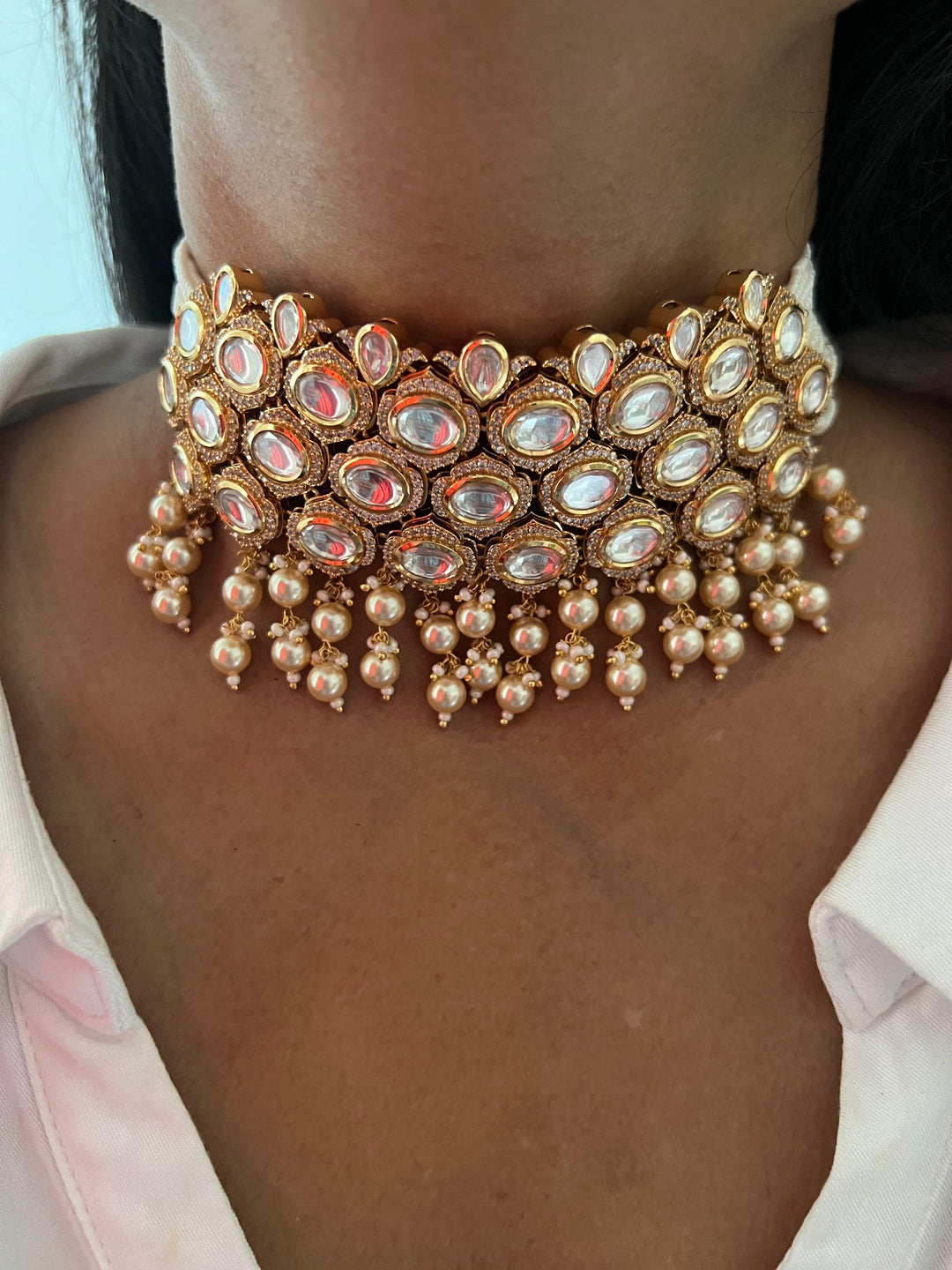 Scintillating Pearls and Kundan Choker with Jhumka Earrings - SHIVKA