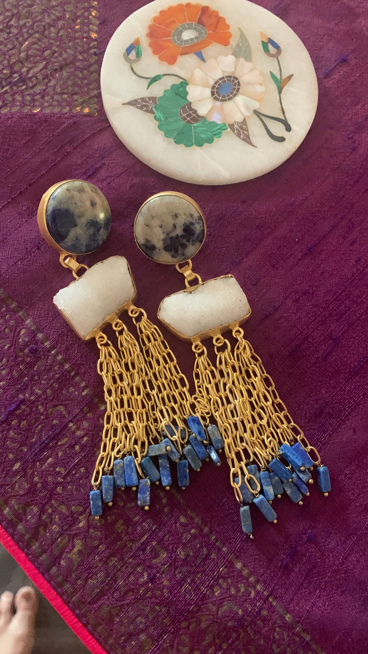 Blue and White Crystal Tasseled Long Danglers