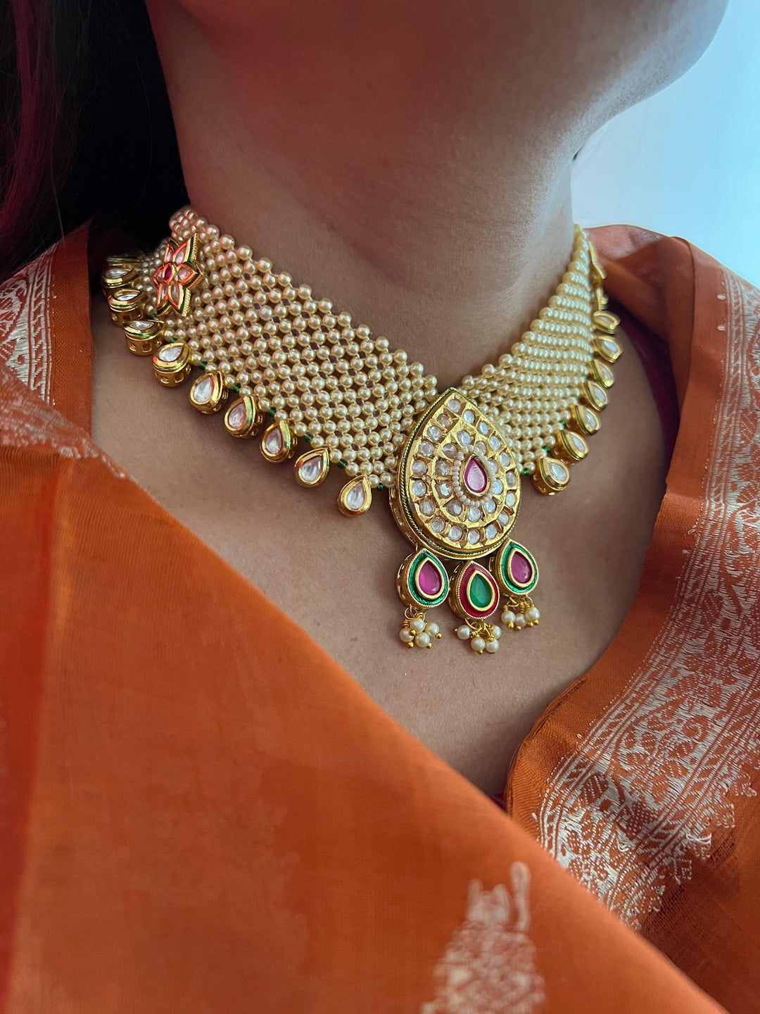 Pearl Mesh Kundan Choker with Earrings - SHIVKA