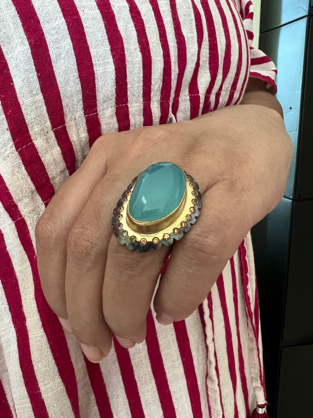 Natural Chalcedony Stone Adjustable Gold-Plated Ring | Statement Ring by SHIVKA