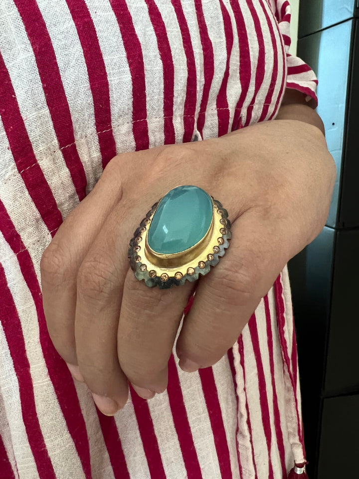 Natural Chalcedony Stone Adjustable Gold-Plated Ring | Statement Ring by SHIVKA