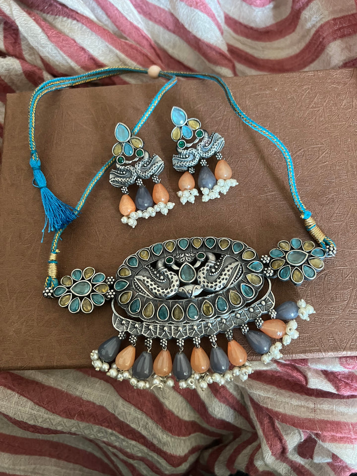 Antique Twin Peacock Choker with Earrings
