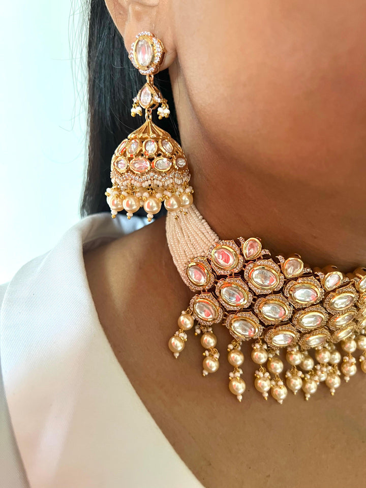 Scintillating Pearls and Kundan Choker with Jhumka Earrings - SHIVKA