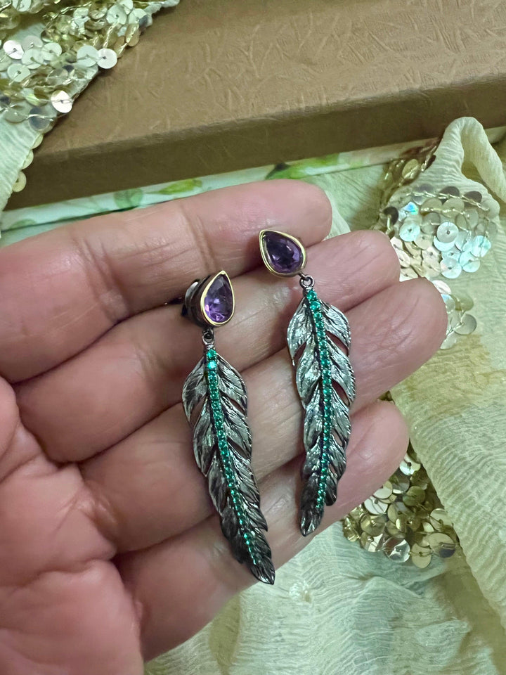 Minimalist 925 Silver Amethyst Leaf Earrings - SHIVKA