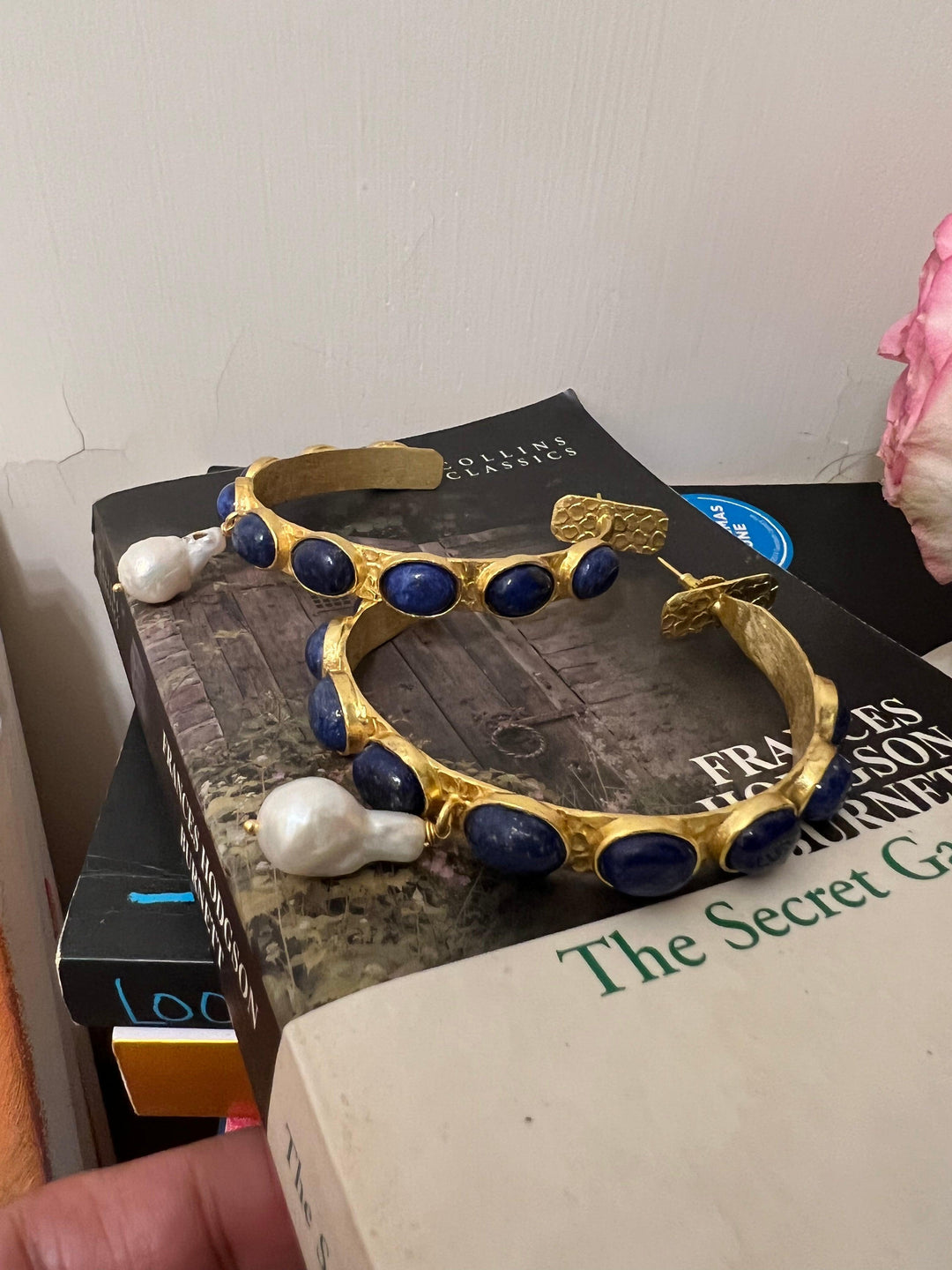 Natural Gemstones Pearl Drop Designer Hoops - SHIVKA