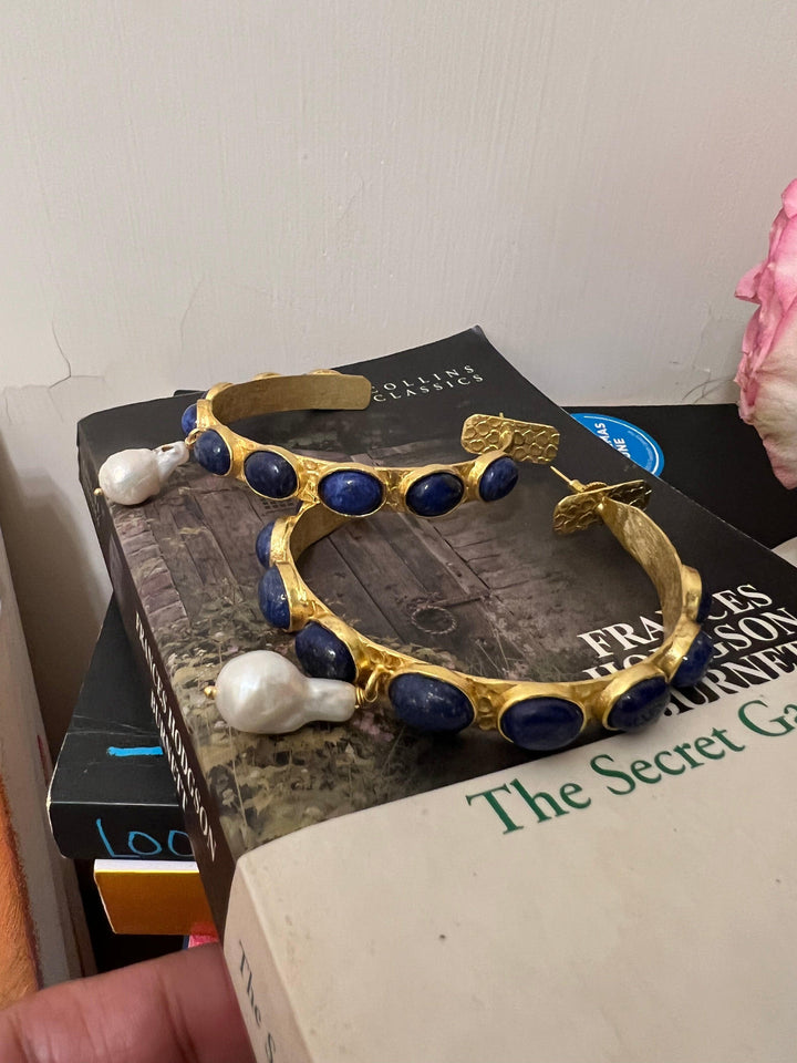 Natural Gemstones Pearl Drop Designer Hoops - SHIVKA