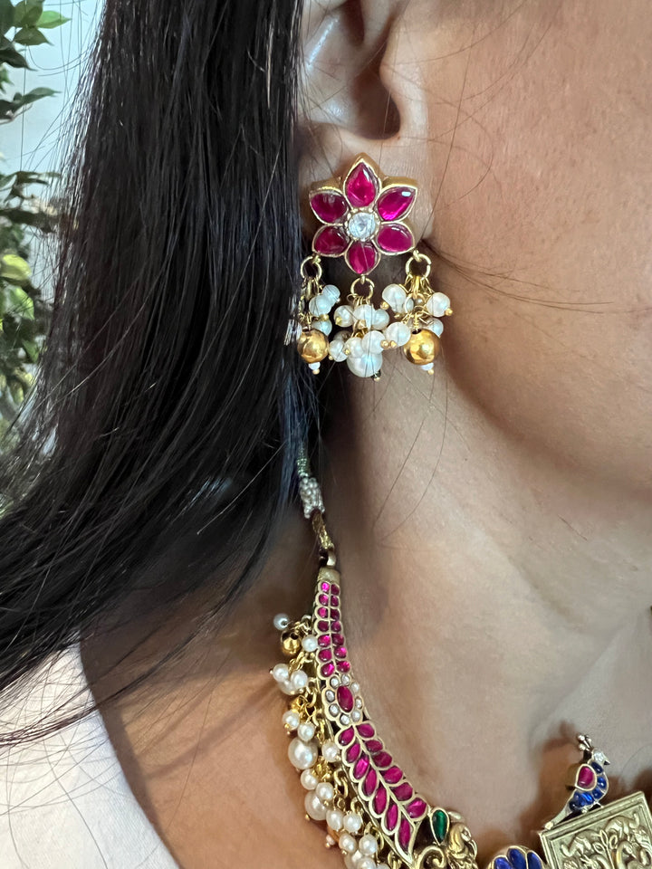 Designer Wedding Necklace with Kundan Earrings/ Antique Kempu Mayura Necklace