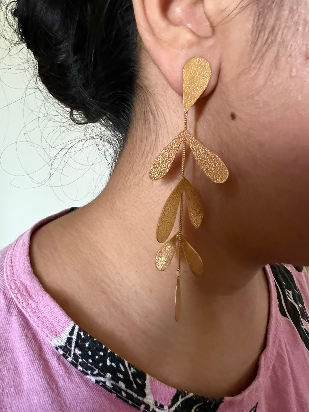 Textured Gold Tone Leaf Danglers