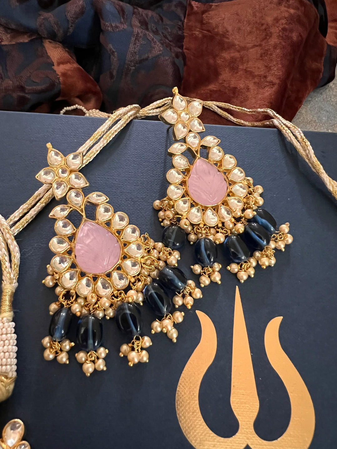 Pink Carved Stone Kundan Necklace with Earrings - SHIVKA