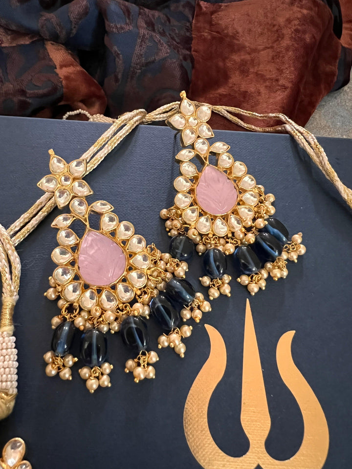 Pink Carved Stone Kundan Necklace with Earrings - SHIVKA