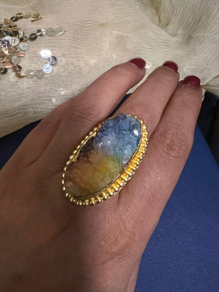 Natural Rainbow Druzy Stone Adjustable Gold-Plated Ring | Statement Ring by SHIVKA