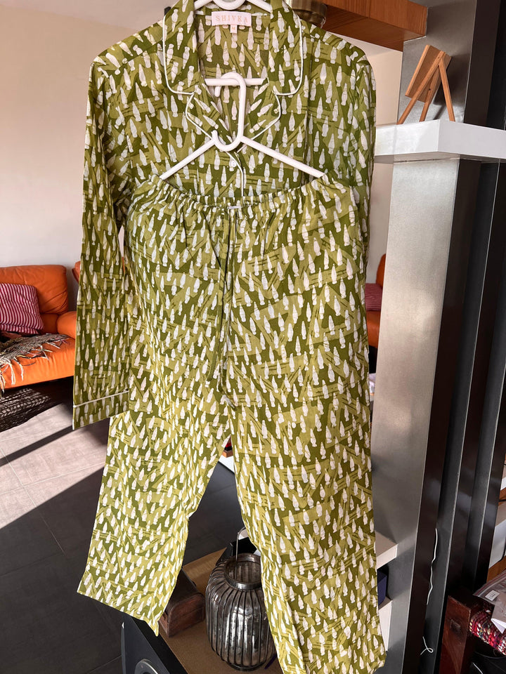 Olive Green Print Cotton Night Suit - SHIVKA