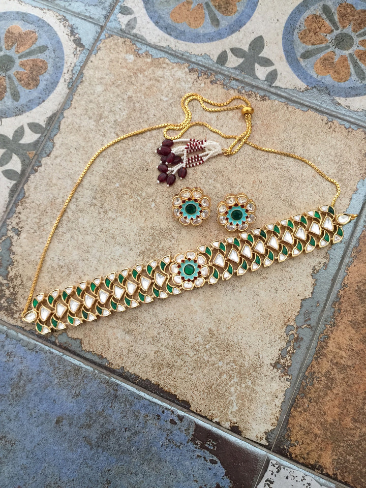 Gorgeous Green Polki Kundan Choker with Studs