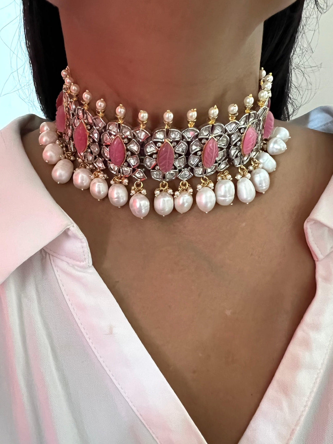 Scintillating Pink Kundan Choker with Earrings - SHIVKA