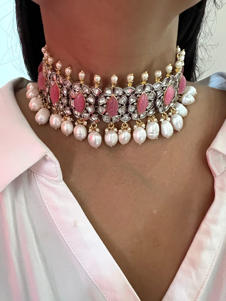 Scintillating Pink Kundan Choker with Earrings - SHIVKA