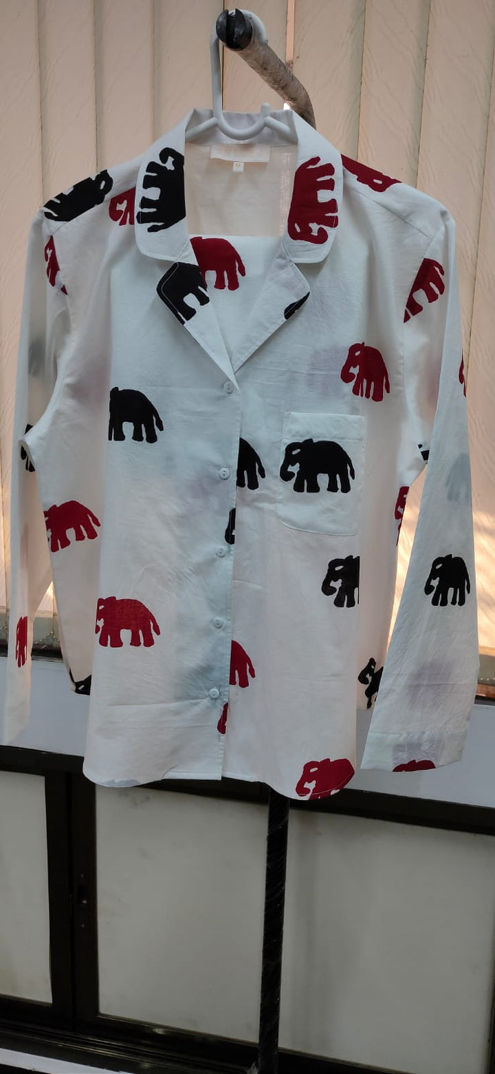 Elephant Design White Cotton Night Suit