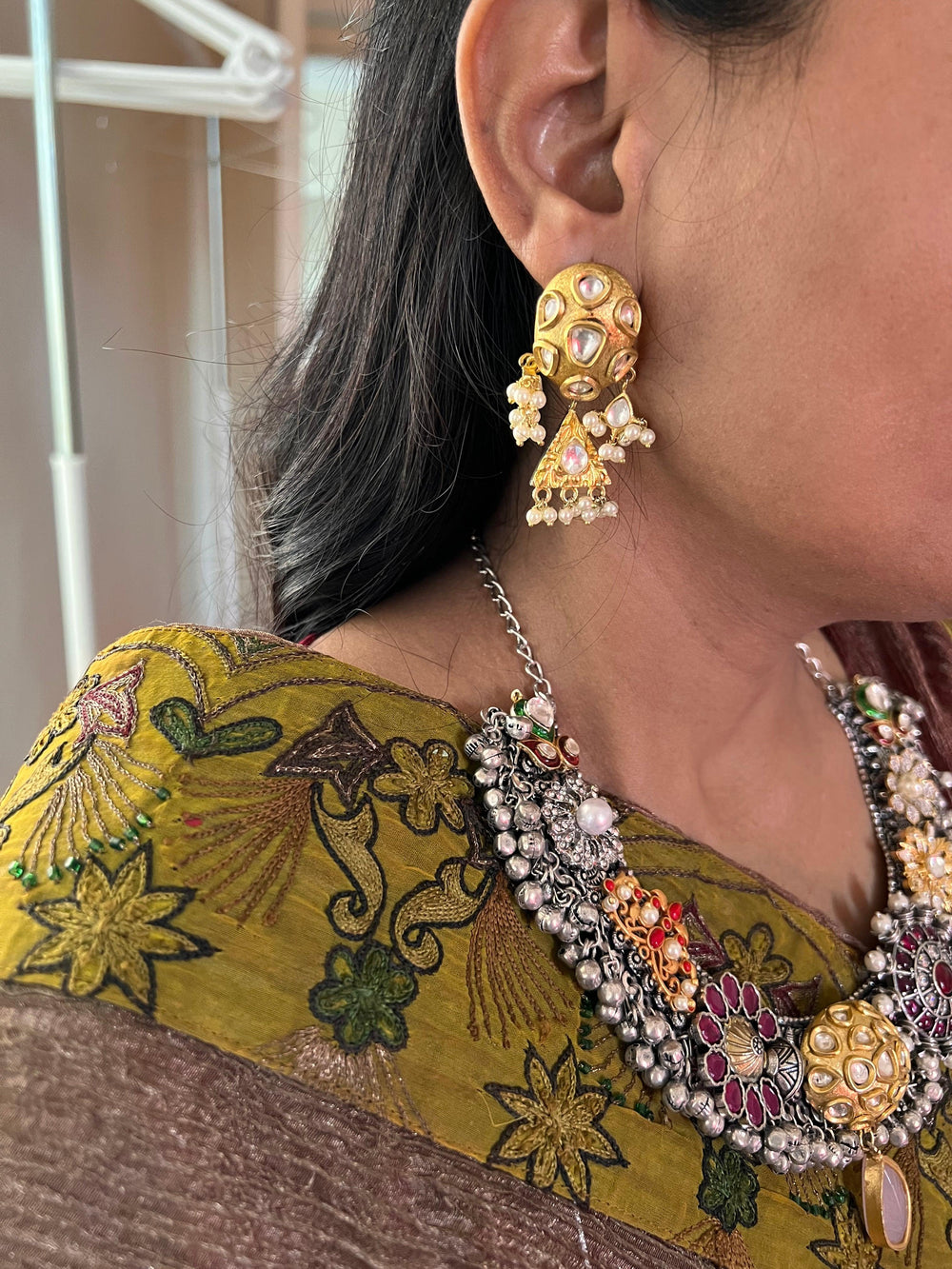 One of a Kind Designer Dual Tone Necklace with Kundan Earrings - SHIVKA