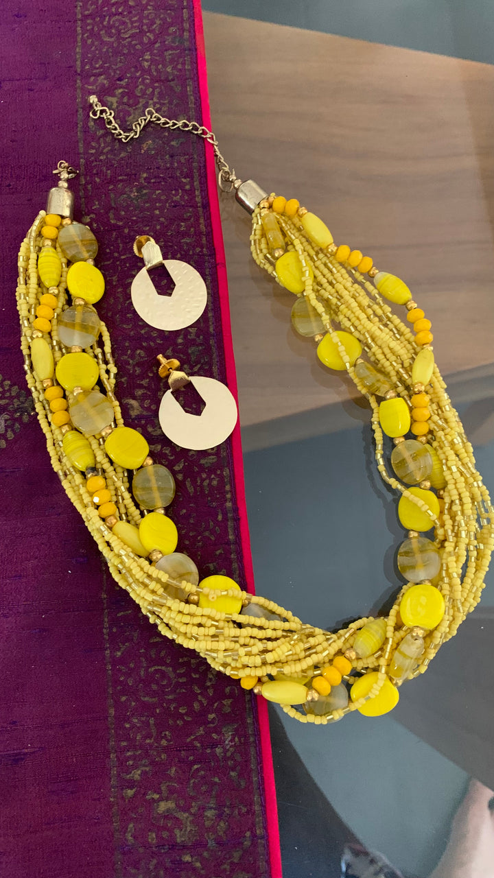 Beautiful Yellow Beaded Necklace with Hammered Disc Studs