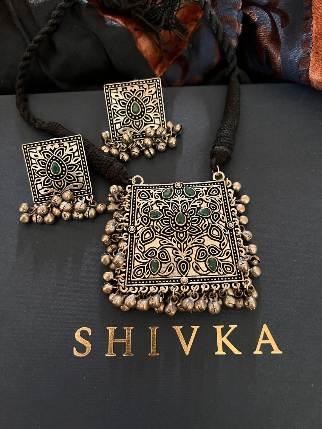 Green Ghungroo Pendant Necklace Set - SHIVKA