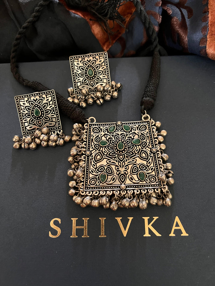 Green Ghungroo Pendant Necklace Set - SHIVKA