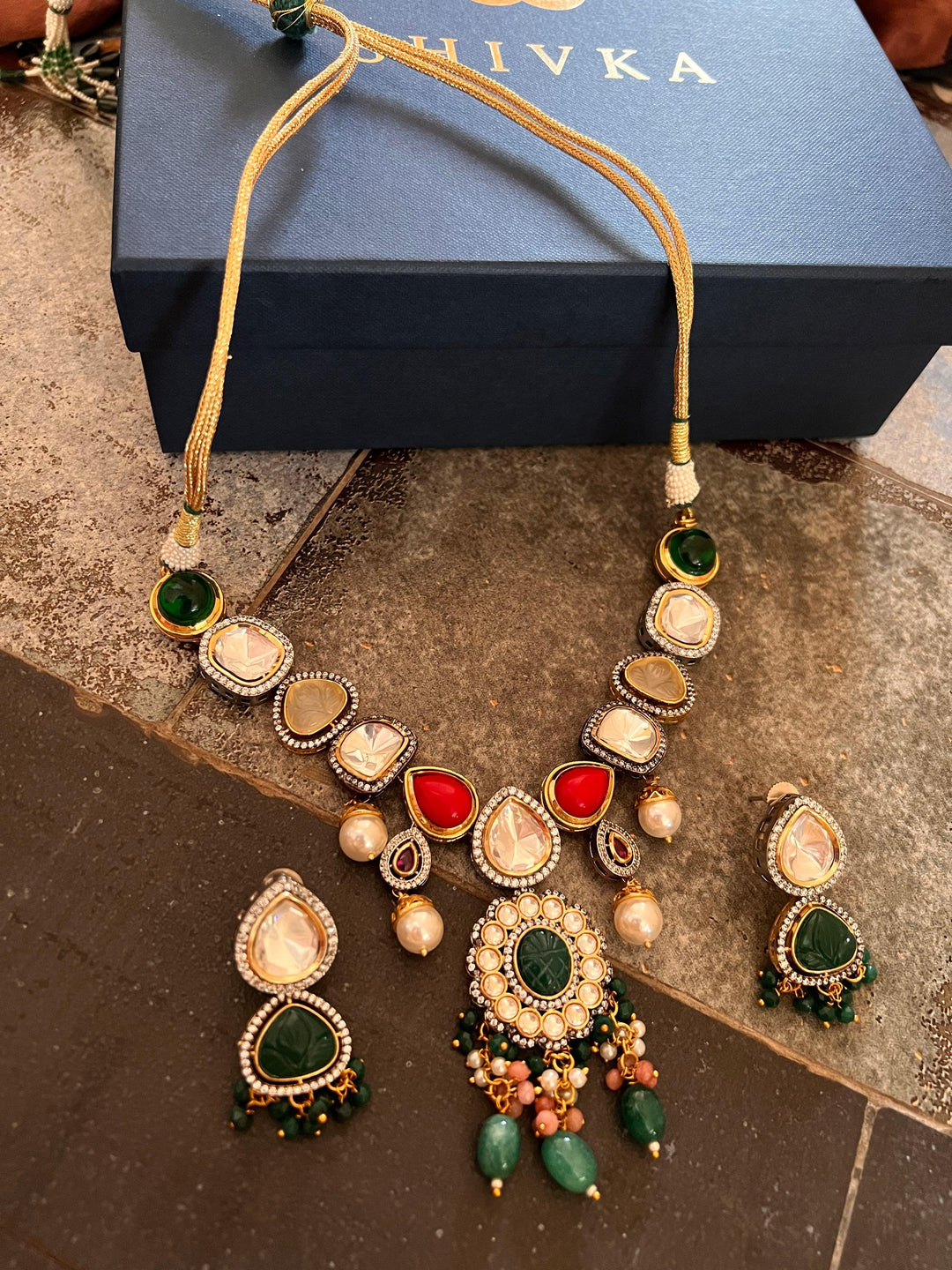 Scintillating Multicolored  Kundan Necklace with Statement Jhumka Earrings - SHIVKA