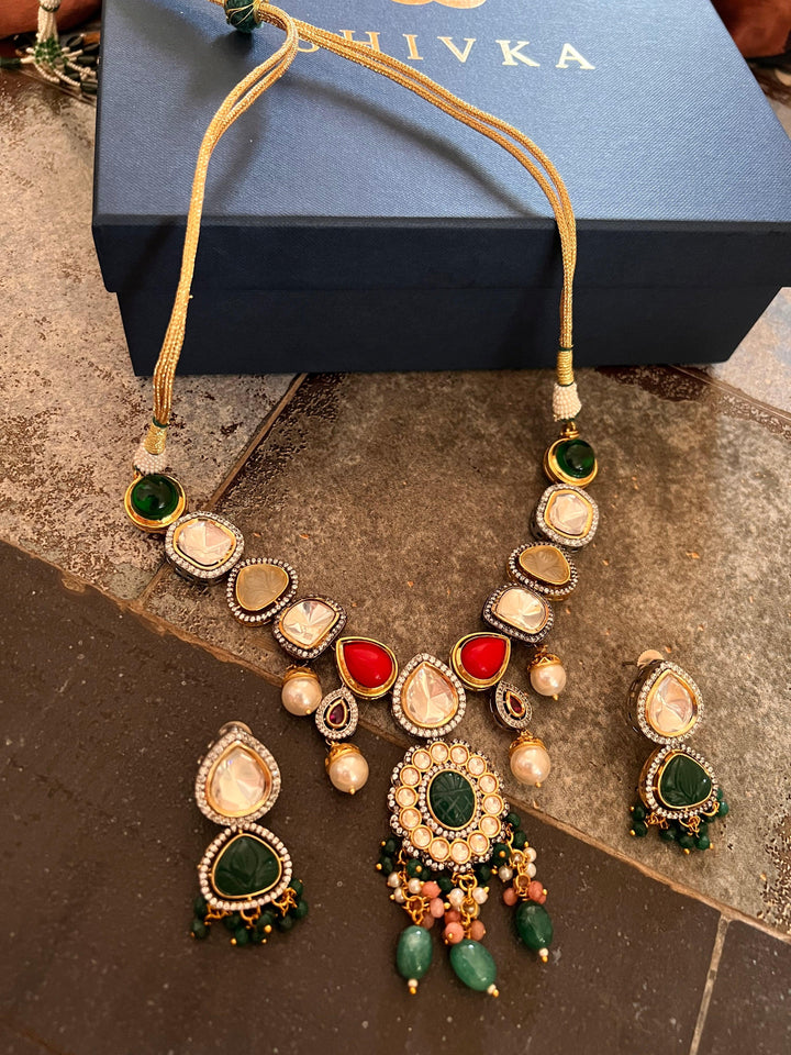 Scintillating Multicolored  Kundan Necklace with Statement Jhumka Earrings - SHIVKA