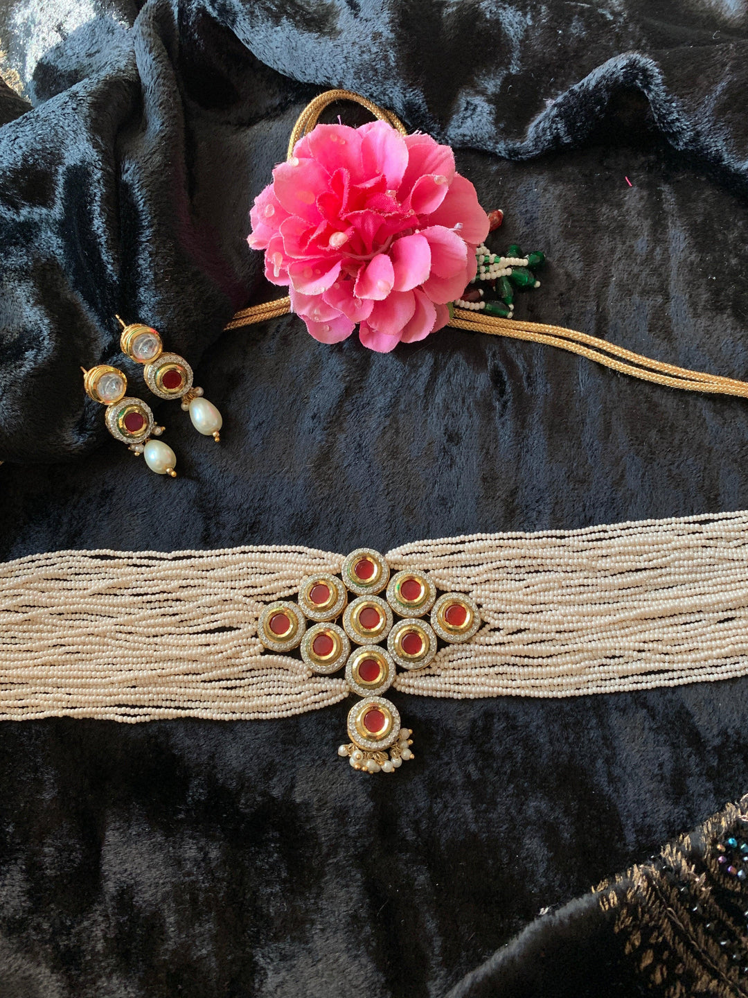 Miniature Pearl Kundan Choker with Earrings - SHIVKA