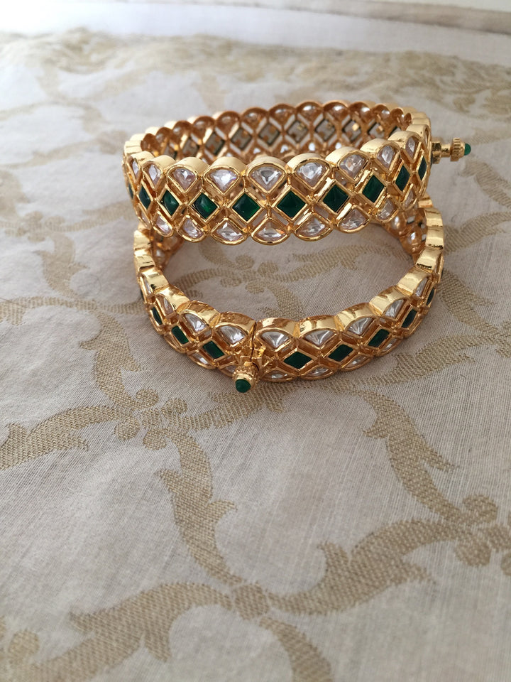 Classic Green Kundan Bangles - Set of 2