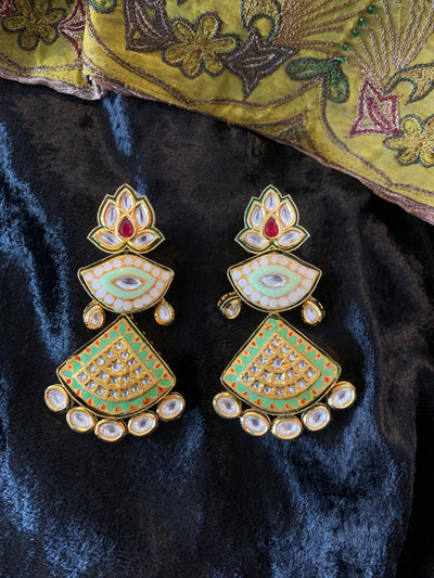 Lotus Green Kundan Meenakari Earrings - SHIVKA