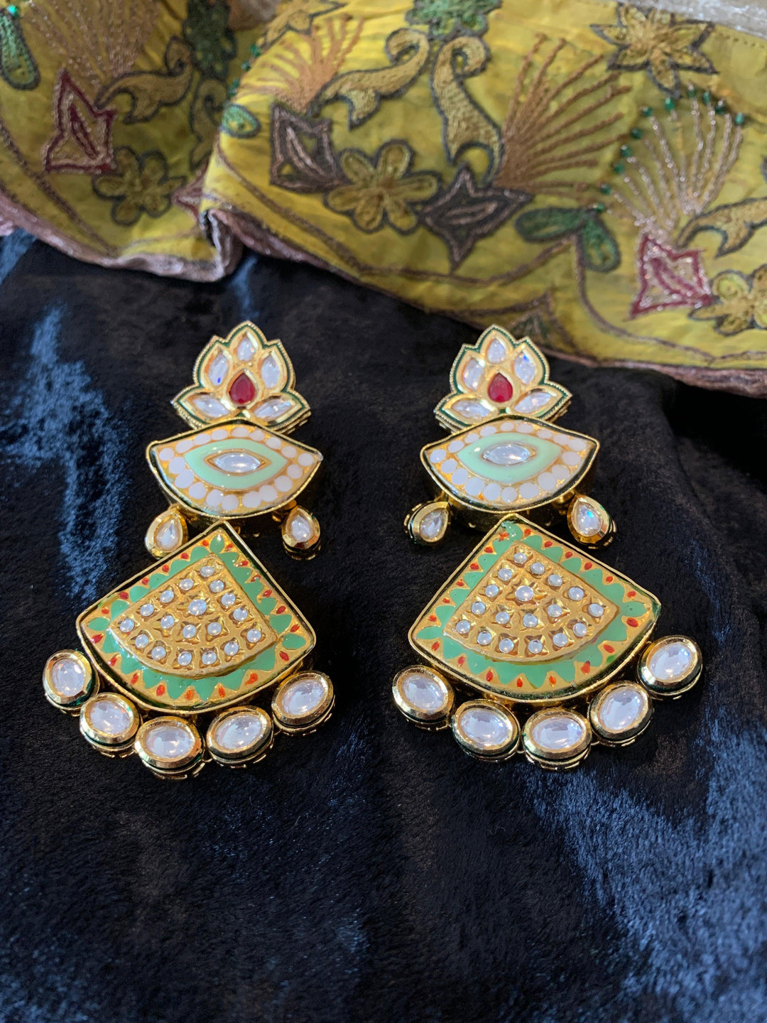 Lotus Green Kundan Meenakari Earrings - SHIVKA