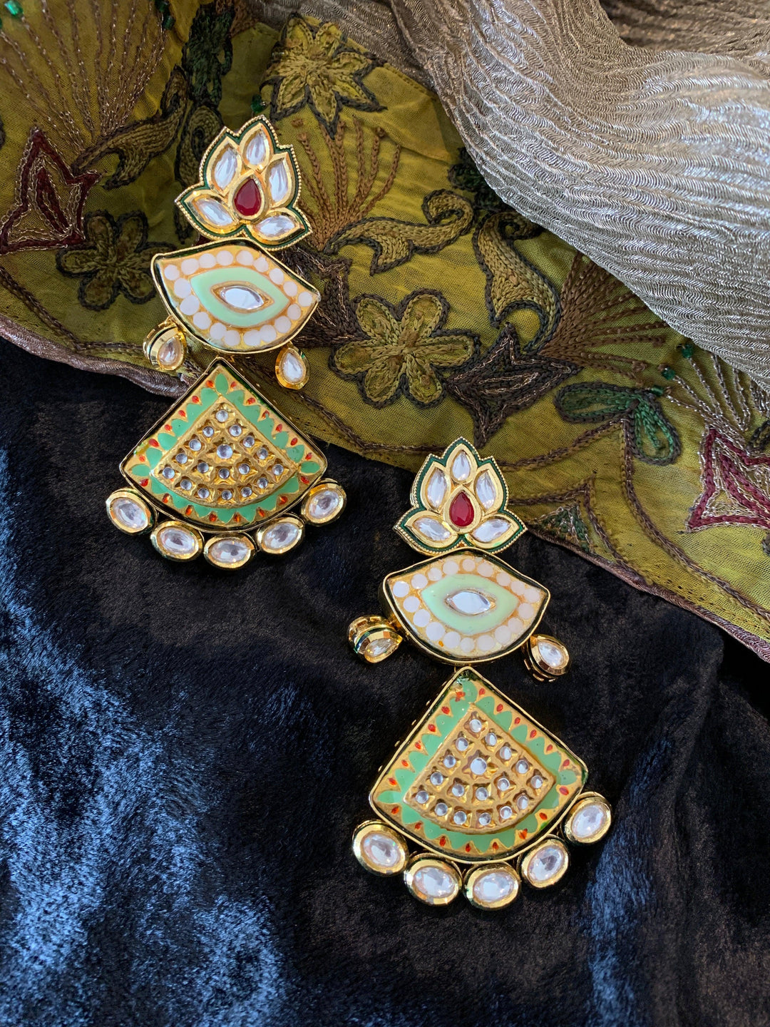 Lotus Green Kundan Meenakari Earrings - SHIVKA
